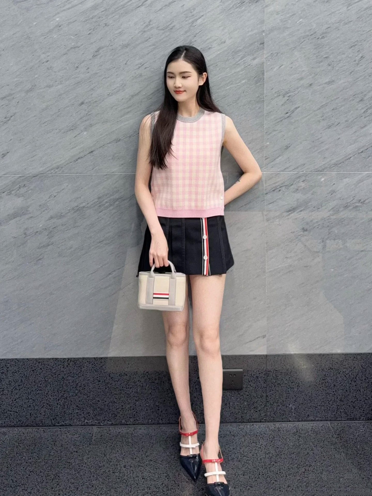 2025SS Pink and gray patchwork vest