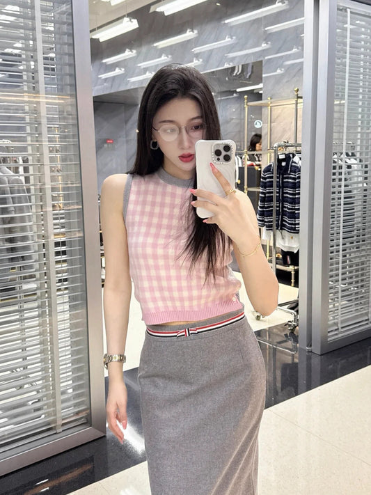 2025SS Pink and gray patchwork vest