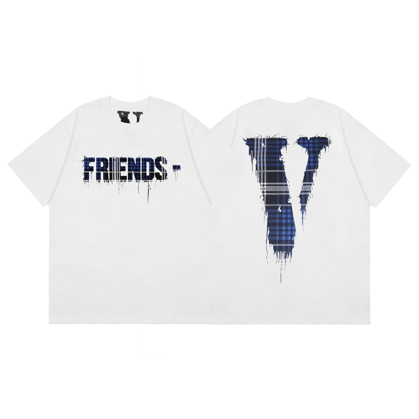 Plaid V-neck embroidered T-shirt