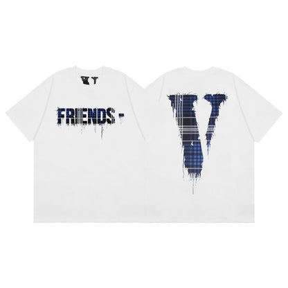 Plaid V-neck embroidered T-shirt