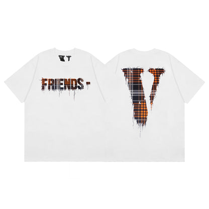 Plaid V-neck embroidered T-shirt